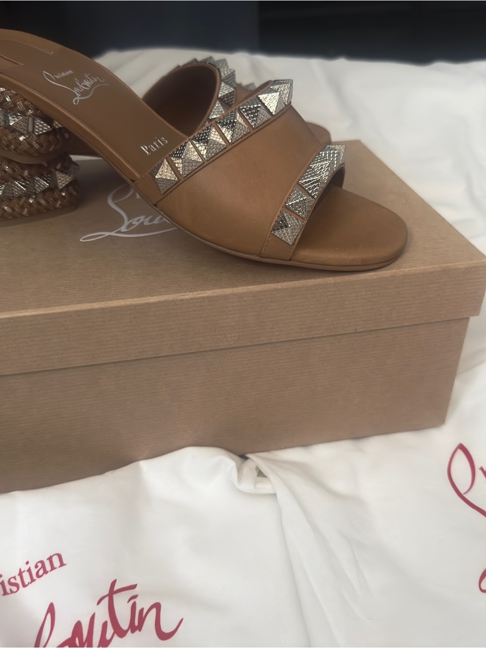 Christian Louboutin Tan Studded Slide Sandals with Signature Red Sole- size 38 - Picture 5 of 7